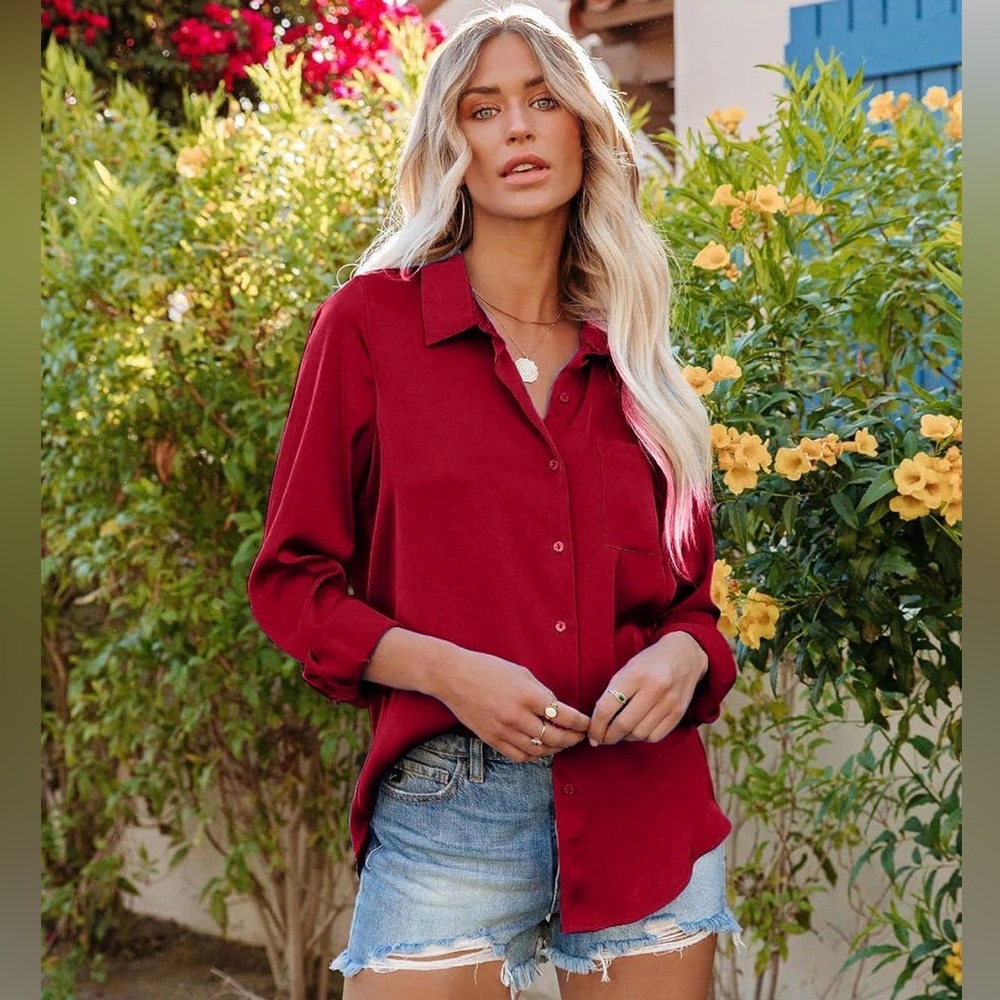 NWT Red Satin Button Down Shirt